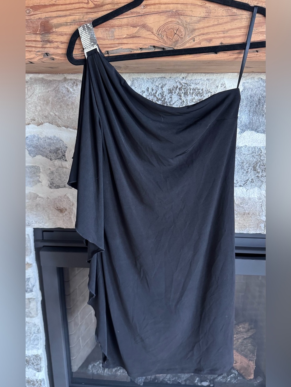 Black One-Shoulder Draped Dress with Rhinestone Strap